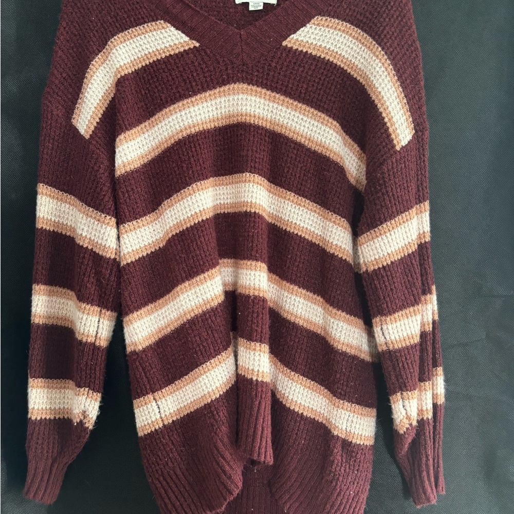 American Eagle Outfitters Maroon and Beige V-Neck Sweater